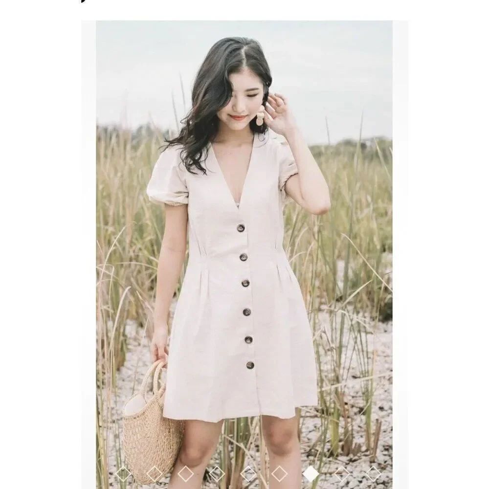 Zara Stone Linen Puff Sleeve Dress Bloggers Size Small Large Summer Boho